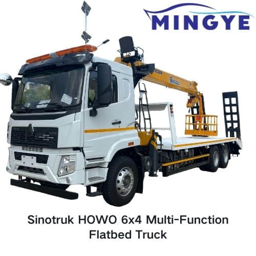 Multi-functional flatbed transport truck with a mobile crane